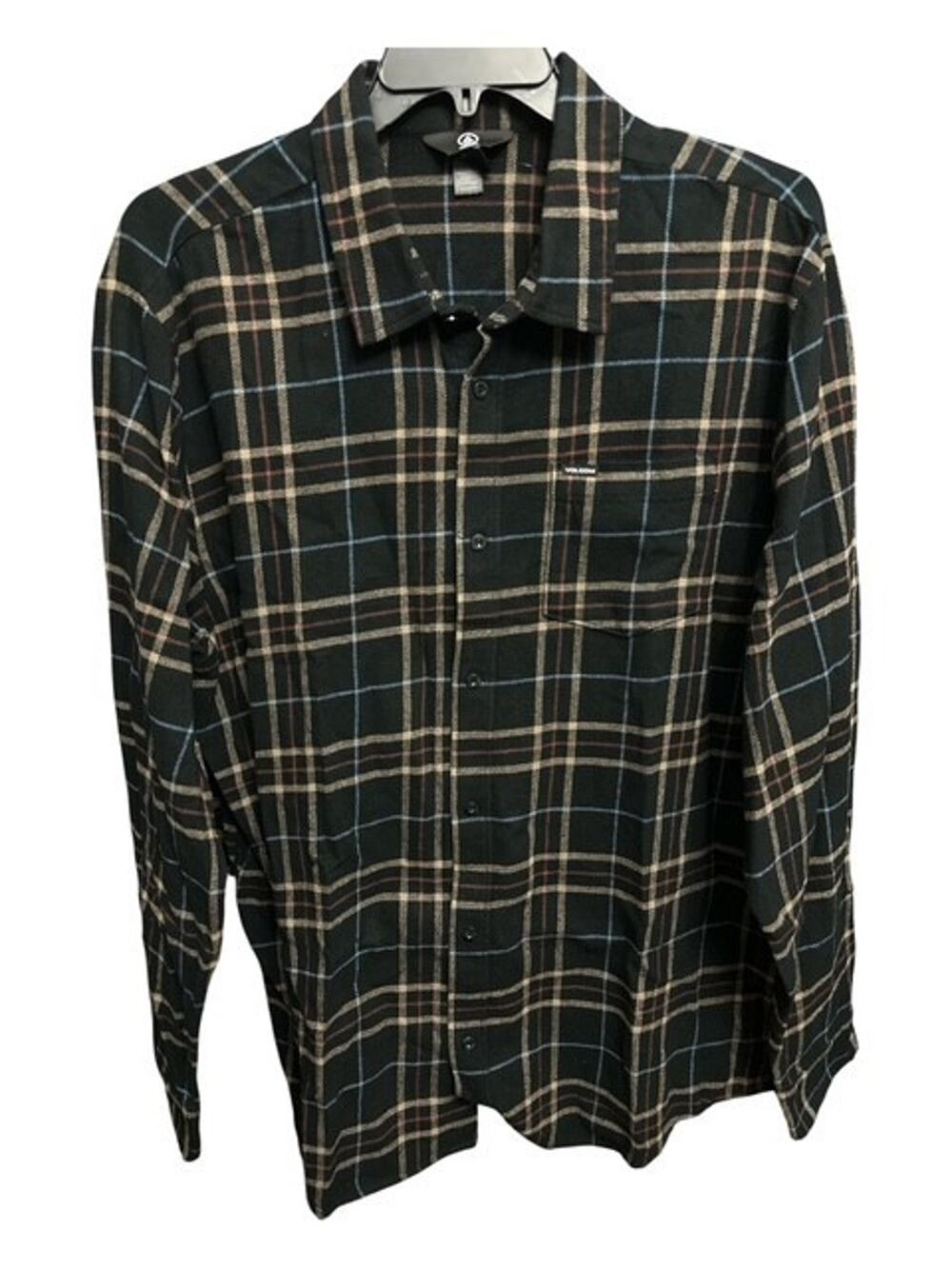 Volcom Leland XXL Button Down Flannel Shirt Black Brown Plaid Long Sleeve Pocket